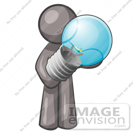 #36328 Clip Art Graphic of a Grey Guy Character Holding a Light Bulb by Jester Arts