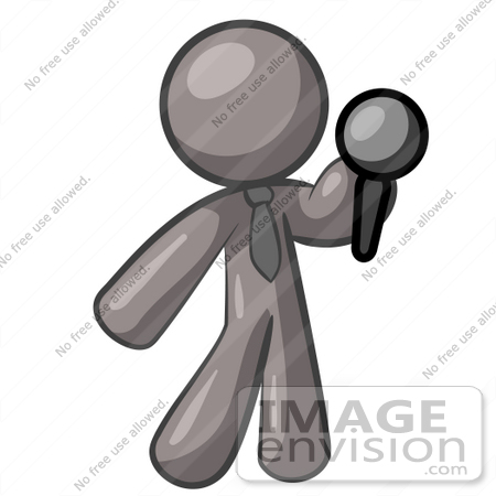 #36334 Clip Art Graphic of a Grey Guy Character Holding a Microphone by Jester Arts