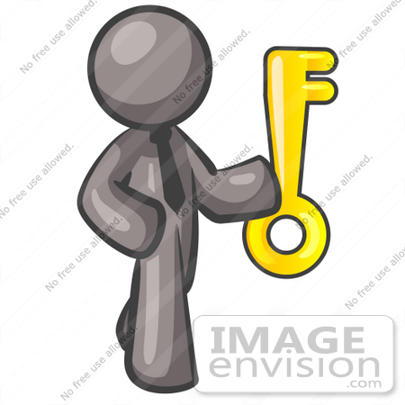 #36338 Clip Art Graphic of a Grey Guy Character Holding a Gold Key by Jester Arts