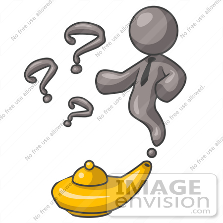 #36339 Clip Art Graphic of a Grey Guy Character Emerging From a Genie Lamp by Jester Arts