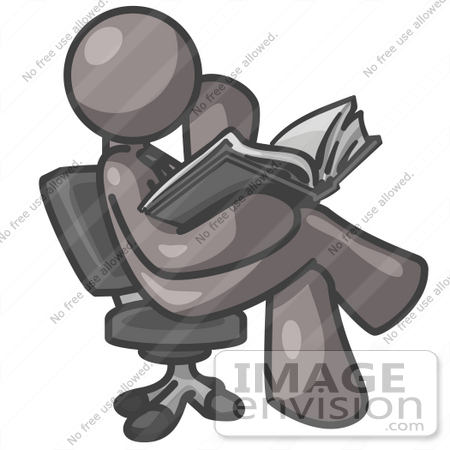 #36341 Clip Art Graphic of a Grey Guy Character Sitting and Reading by Jester Arts