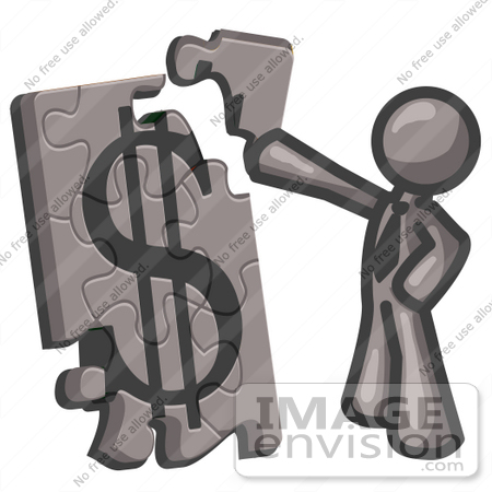 #36342 Clip Art Graphic of a Grey Guy Character Assembling a Financial Puzzle by Jester Arts