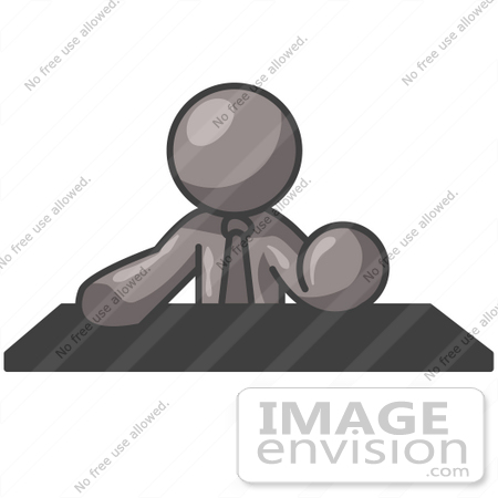 #36343 Clip Art Graphic of a Grey Guy Character Sitting Behind a Desk by Jester Arts