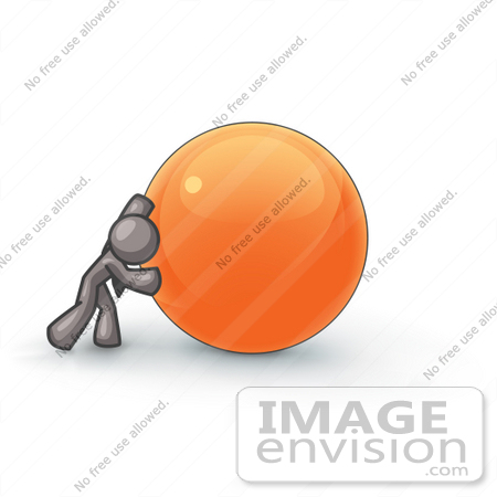 #36345 Clip Art Graphic of a Grey Guy Character Pushing a Giant Orange Ball by Jester Arts