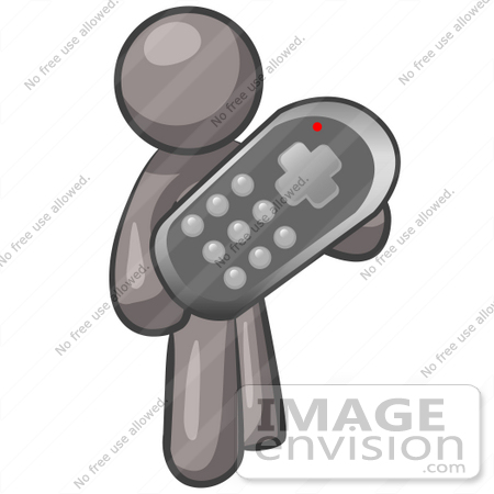 #36346 Clip Art Graphic of a Grey Guy Character Holding a Remote Control by Jester Arts
