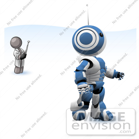 #36348 Clip Art Graphic of a Grey Guy Character Controlling a Blue Robot by Jester Arts