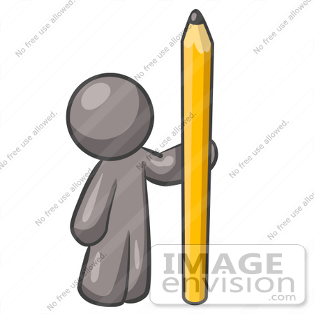 #36349 Clip Art Graphic of a Grey Guy Character Standing With a Pencil by Jester Arts