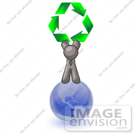 #36352 Clip Art Graphic of a Grey Guy Character on a Globe With Recycle Arrows by Jester Arts