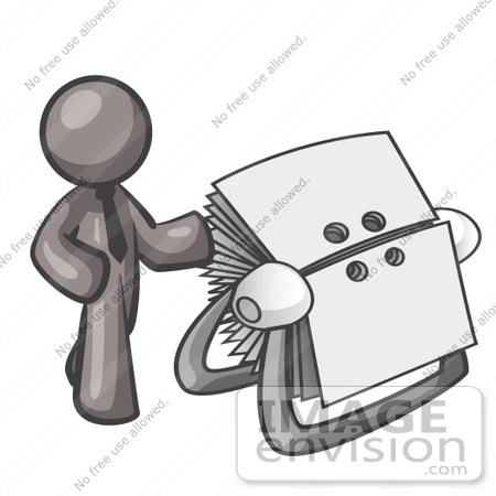 #36354 Clip Art Graphic of a Grey Guy Character With a Rolodex by Jester Arts