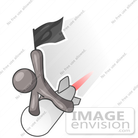 #36358 Clip Art Graphic of a Grey Guy Character on a Rocket With a Flag by Jester Arts