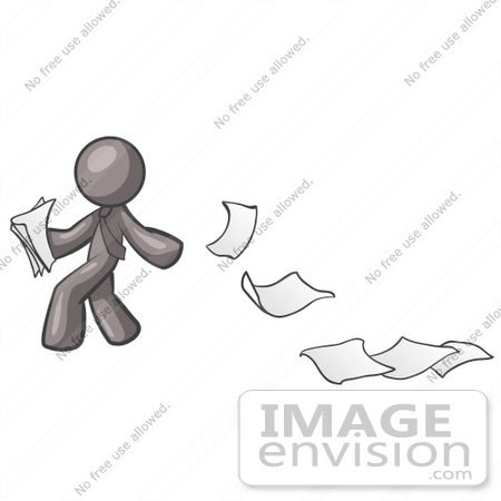 #36362 Clip Art Graphic of a Grey Guy Character Dropping Papers by Jester Arts
