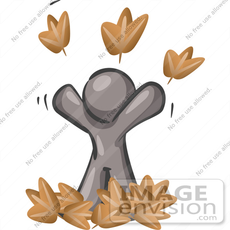 #36366 Clip Art Graphic of a Grey Guy Character Playing in Leaves by Jester Arts