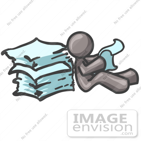 #36367 Clip Art Graphic of a Grey Guy Character Reading Through Paperwork by Jester Arts