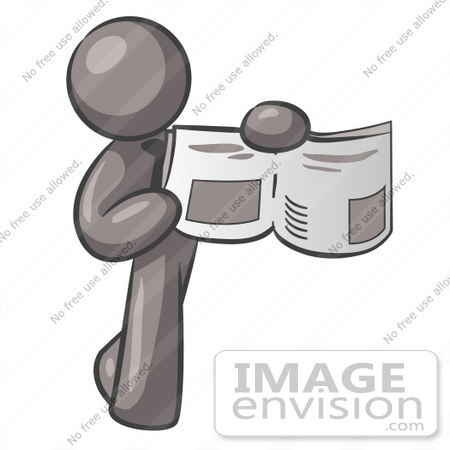 #36371 Clip Art Graphic of a Grey Guy Character Holding the News by Jester Arts