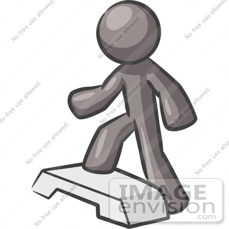 #36374 Clip Art Graphic of a Grey Guy Character Doing Steps at the Gym by Jester Arts