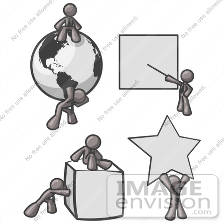 #36377 Clip Art Graphic of a Grey Guy Character With Shapes and a Globe by Jester Arts