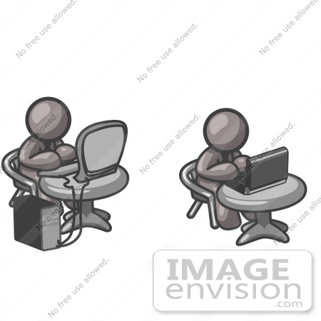 #36380 Clip Art Graphic of Grey Guy Characters Using Computers by Jester Arts