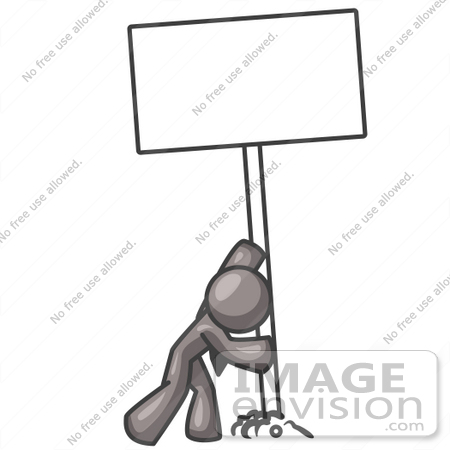 #36385 Clip Art Graphic of a Grey Guy Character Inserting a Sign in the Ground by Jester Arts