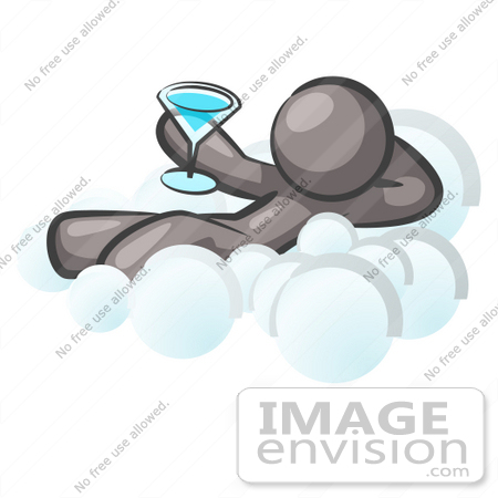 #36386 Clip Art Graphic of a Grey Guy Character on a Cloud, Drinking a Cocktail by Jester Arts