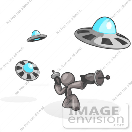 #36399 Clip Art Graphic of a Grey Guy Character Fighting UFOs by Jester Arts