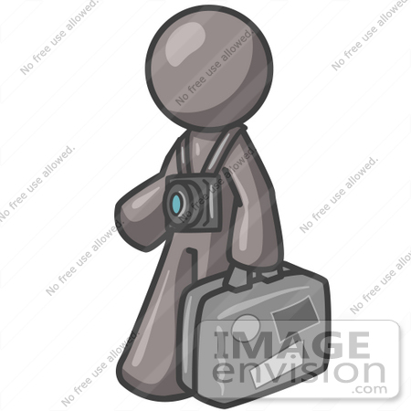 #36402 Clip Art Graphic of a Grey Guy Character With a Camera and Luggage by Jester Arts