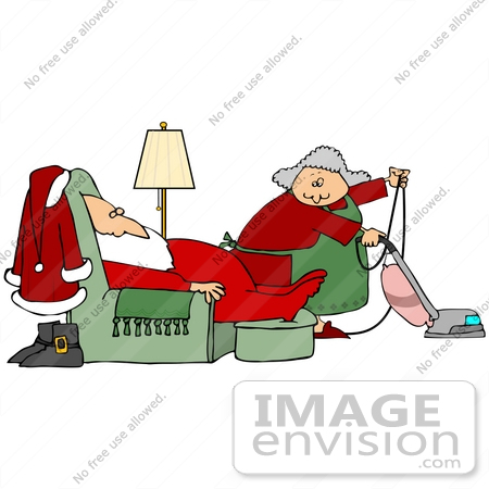 #36571 Clip Art Graphic of Santa Napping in a Chair While Mrs Claus Vacuums the Living Room by DJArt