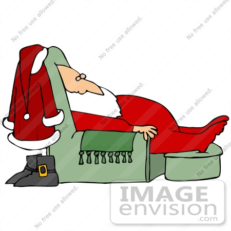 #36573 Clip Art Graphic of a Tired Santa Taking A Nap In A Green Living Room Lazy Chair by DJArt