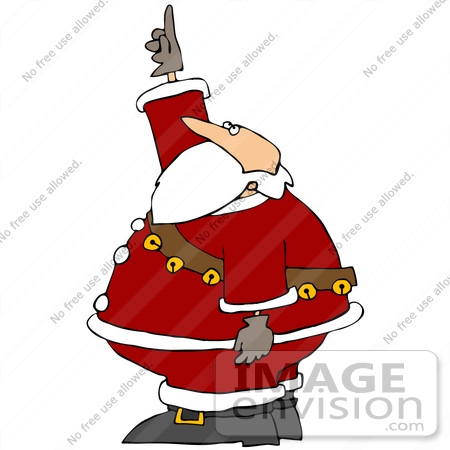 #36574 Clip Art Graphic of Santa Wearing A Sash Of Jingle Bells Over His Red Suit And Pointing Upwards by DJArt