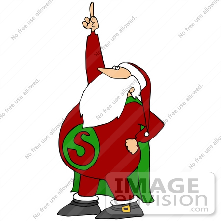 #36577 Clip Art Graphic of Santa Claus In A Super Hero Costume, Pointing Up by DJArt