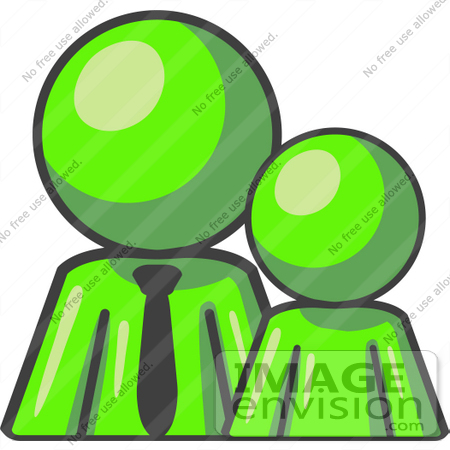 #36579 Clip Art Graphic of a Lime Green Guy Character With a Child by Jester Arts