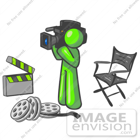 #36580 Clip Art Graphic of a Lime Green Guy Character Filming a Movie by Jester Arts