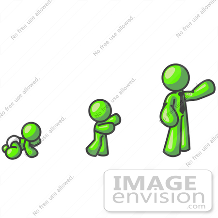 #36581 Clip Art Graphic of a Lime Green Guy Character Growing From a Baby Into a Man by Jester Arts