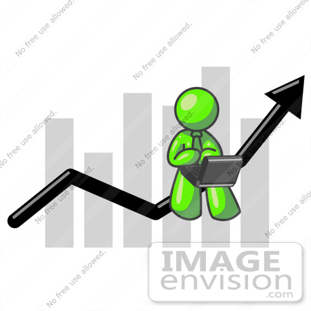 #36582 Clip Art Graphic of a Lime Green Guy Character Using a Laptop on a Bar Graph by Jester Arts