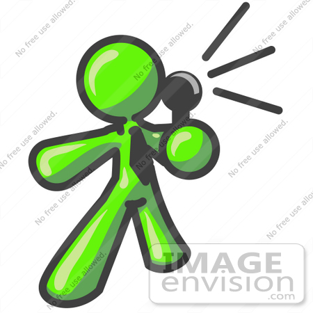 #36583 Clip Art Graphic of a Lime Green Guy Character Announcing With a Microphone by Jester Arts