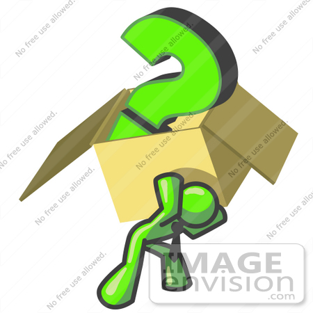 #36584 Clip Art Graphic of a Lime Green Guy Character Carrying a Box of Questions by Jester Arts