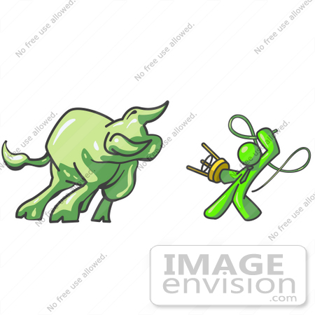 #36586 Clip Art Graphic of a Lime Green Guy Character Battling a Bull With a Whip by Jester Arts