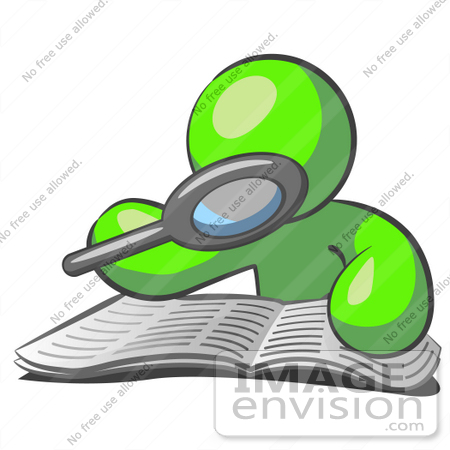 #36587 Clip Art Graphic of a Lime Green Guy Character Reading a Book With a Magnifying Glass by Jester Arts