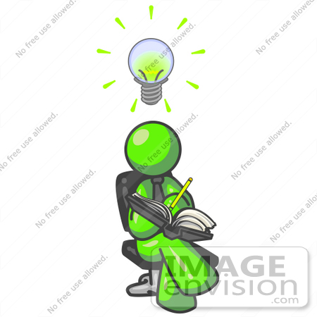 #36588 Clip Art Graphic of a Lime Green Guy Character Jotting Ideas Down in a Notebook by Jester Arts