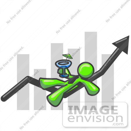 #36589 Clip Art Graphic of a Lime Green Guy Character Drinking a Cocktail on a Bar Graph by Jester Arts