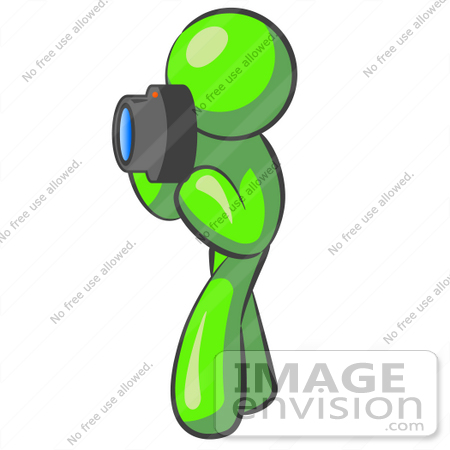 #36591 Clip Art Graphic of a Lime Green Guy Character Taking Pictures by Jester Arts