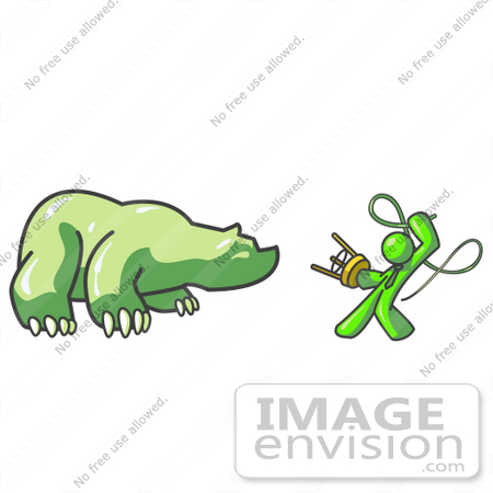 #36593 Clip Art Graphic of a Lime Green Guy Character Battling a Bear With a Whip by Jester Arts