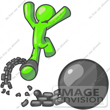 #36594 Clip Art Graphic of a Lime Green Guy Character Breaking Free From a Ball and Chain by Jester Arts