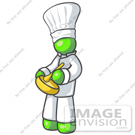 #36595 Clip Art Graphic of a Lime Green Guy Character Chef Mixing Ingredients in a Bowl by Jester Arts