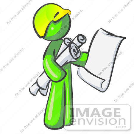 #36598 Clip Art Graphic of a Lime Green Guy Character Holding Scrolls and Blueprints by Jester Arts
