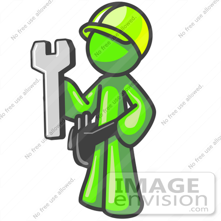 #36599 Clip Art Graphic of a Lime Green Guy Character Holding a Spanner Tool by Jester Arts