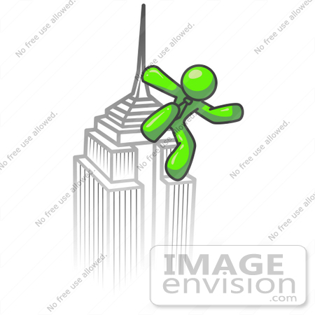 #36602 Clip Art Graphic of a Lime Green Guy Character on a Skyscraper by Jester Arts