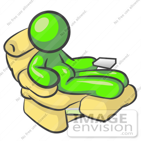 #36603 Clip Art Graphic of a Lime Green Guy Character Resting in a Lazy Chair by Jester Arts