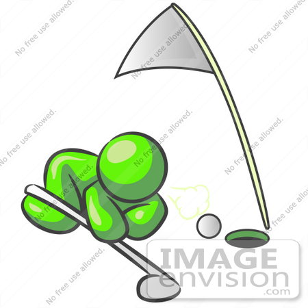#36604 Clip Art Graphic of a Lime Green Guy Character Trying to Blow a Golf Ball Into a Hole by Jester Arts