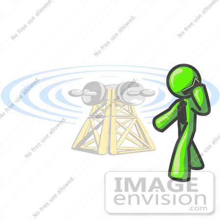 #36605 Clip Art Graphic of a Lime Green Guy Character Using a Cell Phone by a Tower by Jester Arts