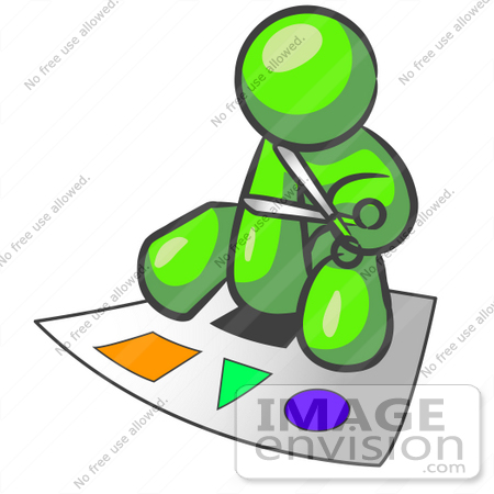 #36606 Clip Art Graphic of a Lime Green Guy Character Cutting Out Shapes by Jester Arts